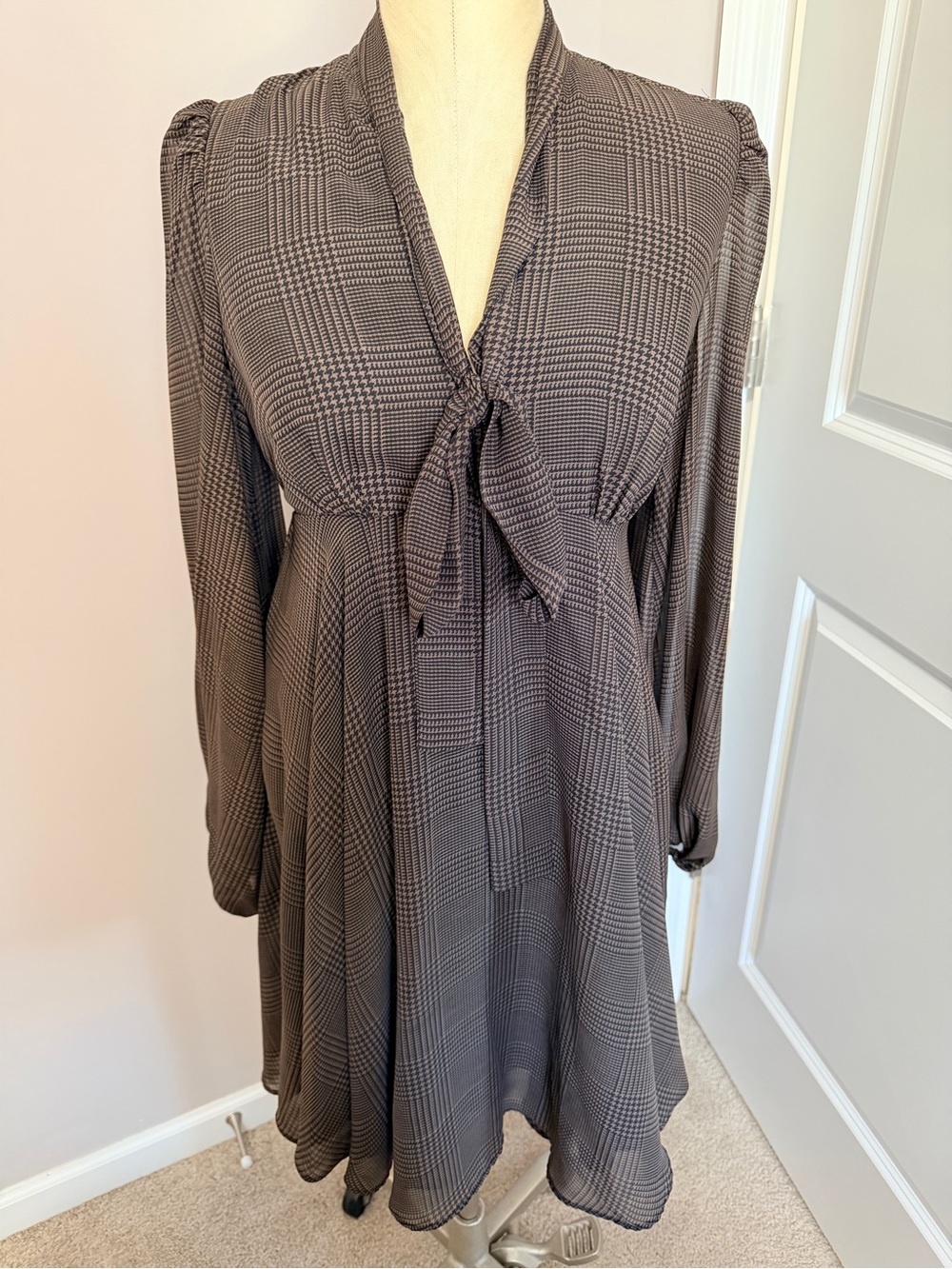 Taylor Plaid Tie-Front Long Sleeve Dress - Brown/Black